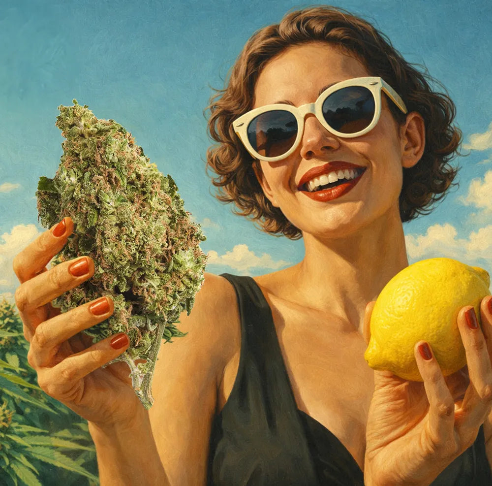 Woman holding a large cannabis bud and a lemon against a blue sky background